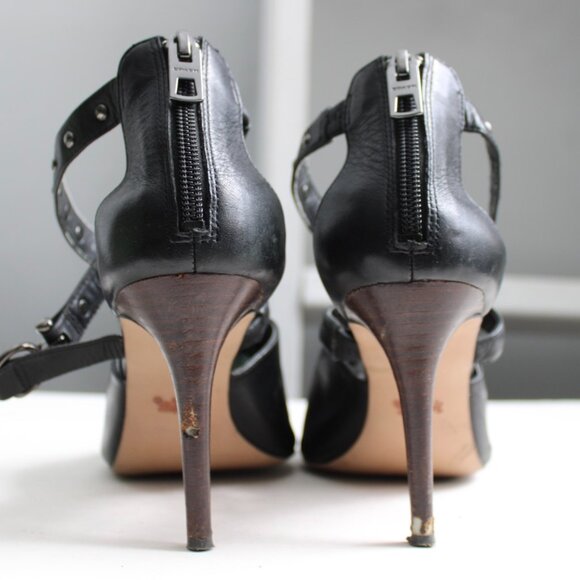 Coach Black Rhonda Open-Toe Leather Studded Straps Stacked Heels Pumps Size 9 - Picture 7 of 10